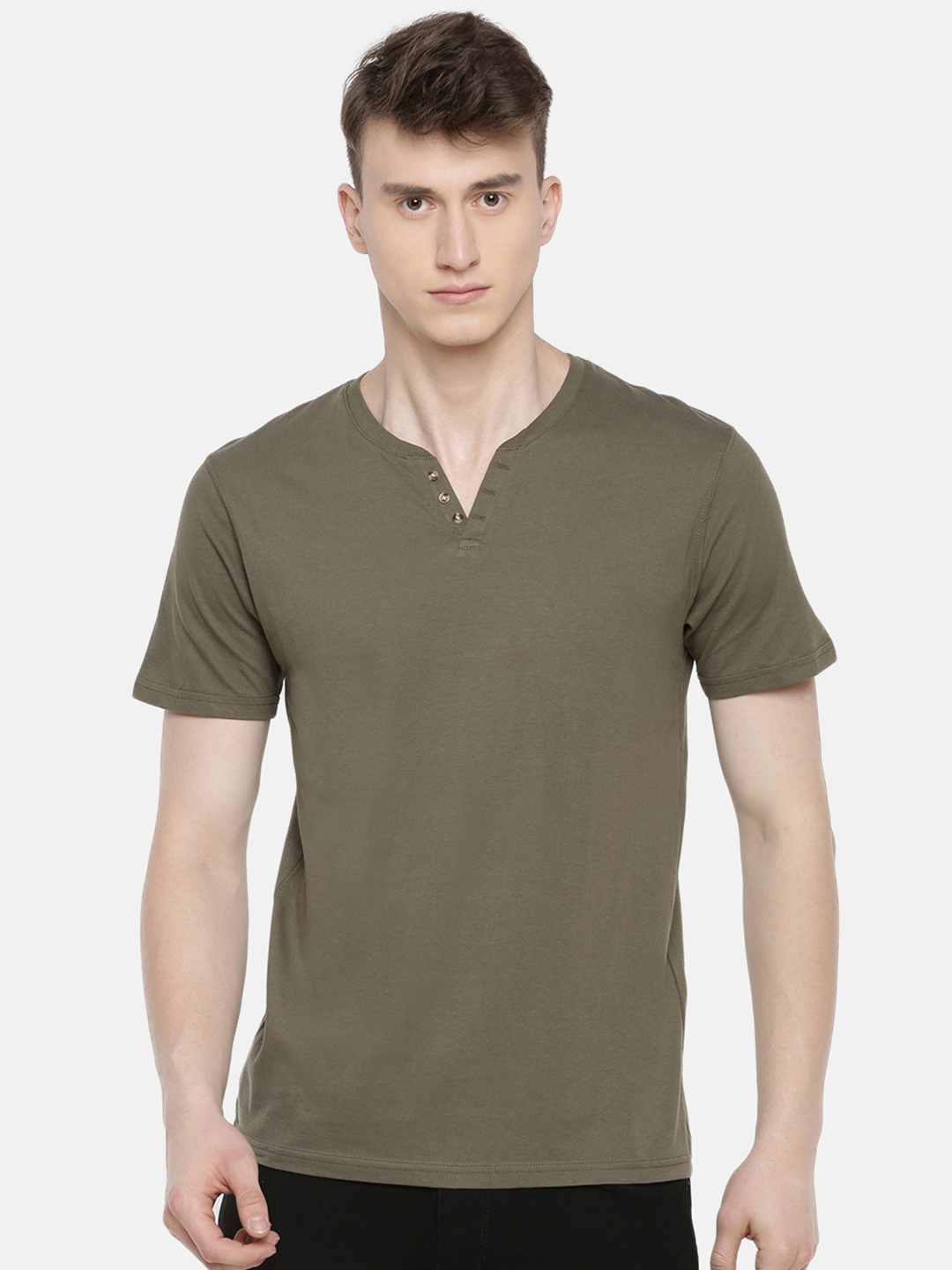 

Celio Men Khaki Solid Henley Neck Pure Cotton T-shirt