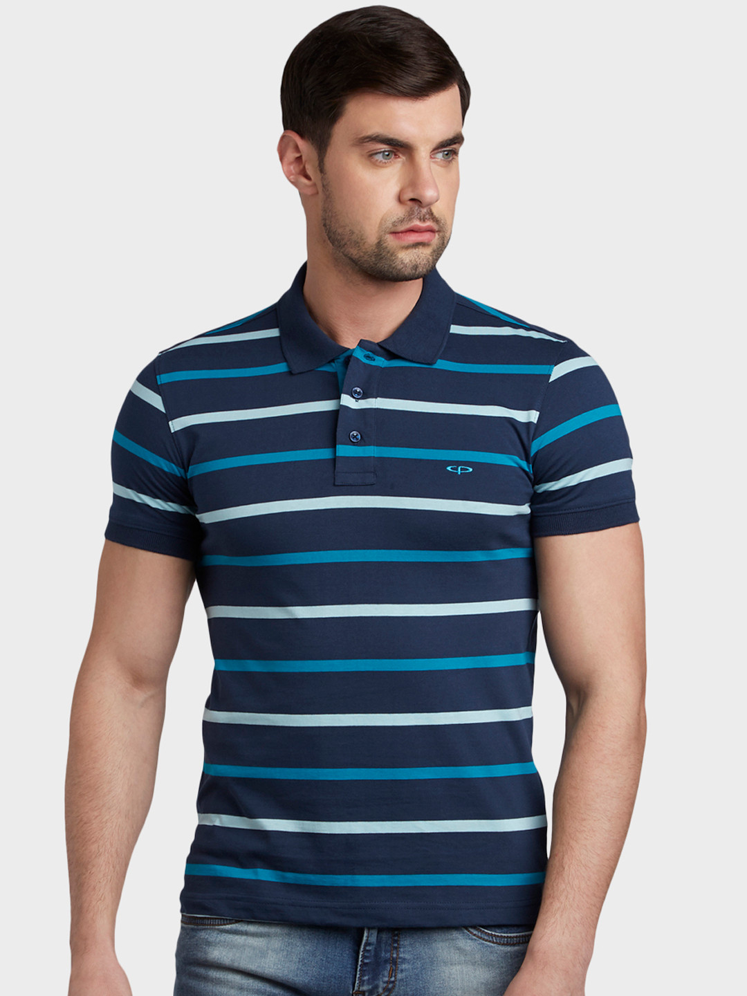 

ColorPlus Men Navy Blue Striped Polo Collar Pure Cotton T-shirt