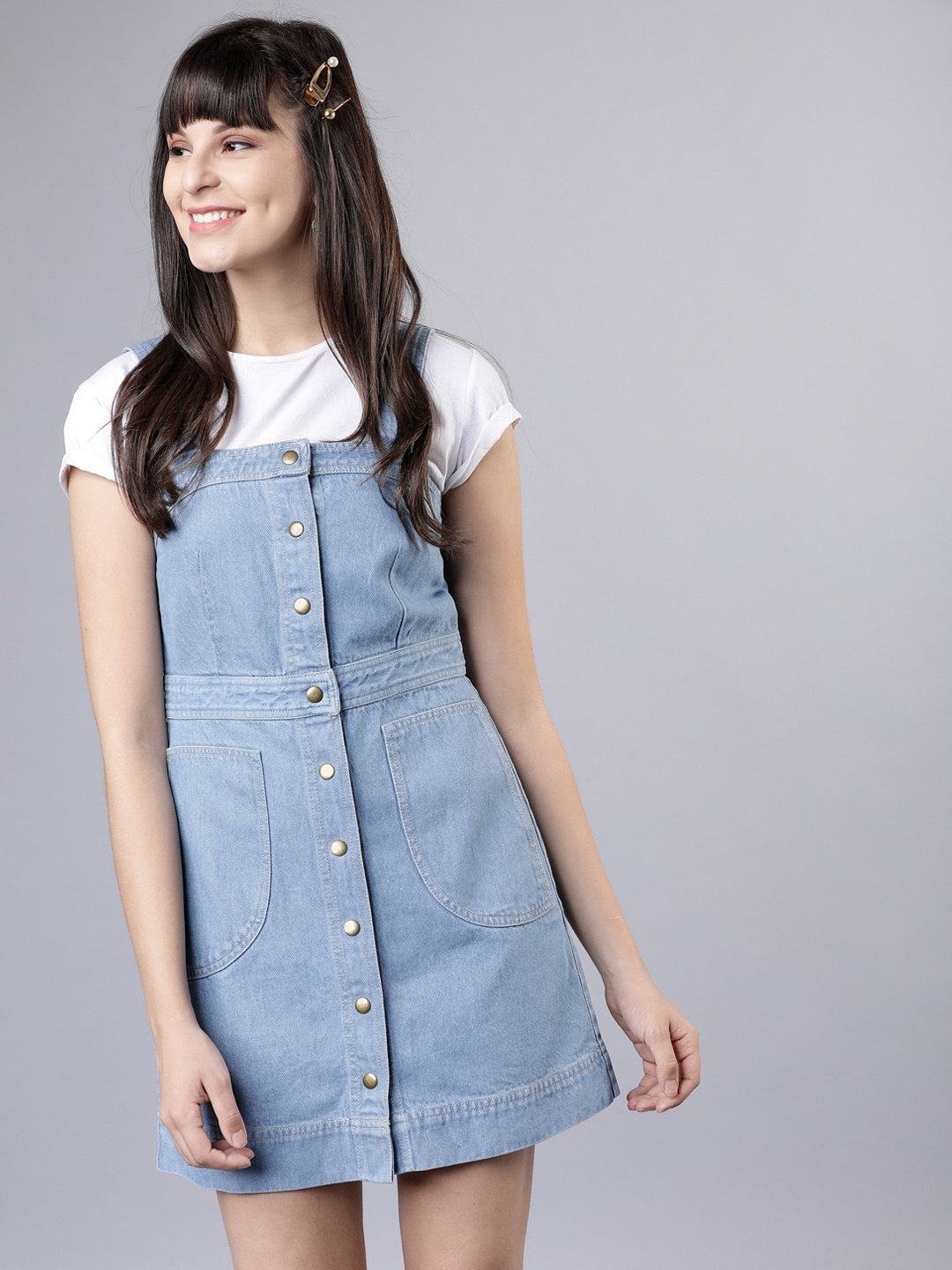 

Tokyo Talkies Women Blue Solid Denim A-Line Dress