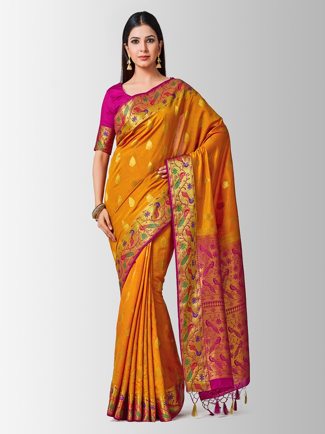 

MIMOSA Mustard & Pink Art Silk Woven Design Kanjeevaram Saree