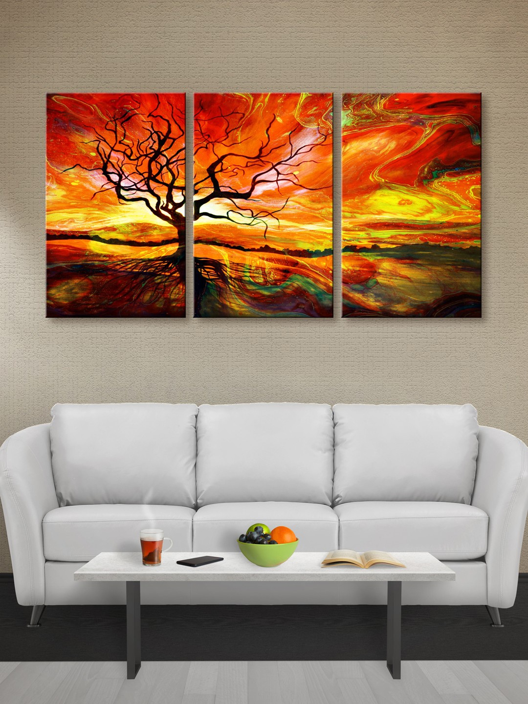 

999Store Set Of 3 Brown & Yellow Leaveless Tree Canvas Wall Art