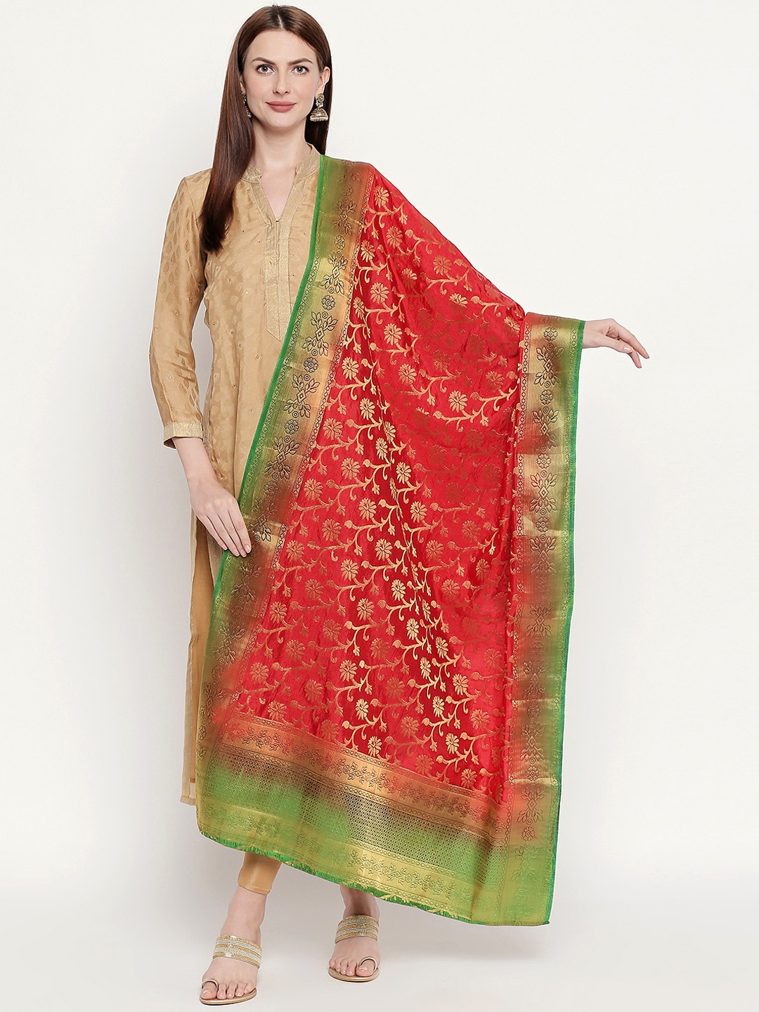 

Dupatta Bazaar Red & Green Banarasi Woven Design Dupatta