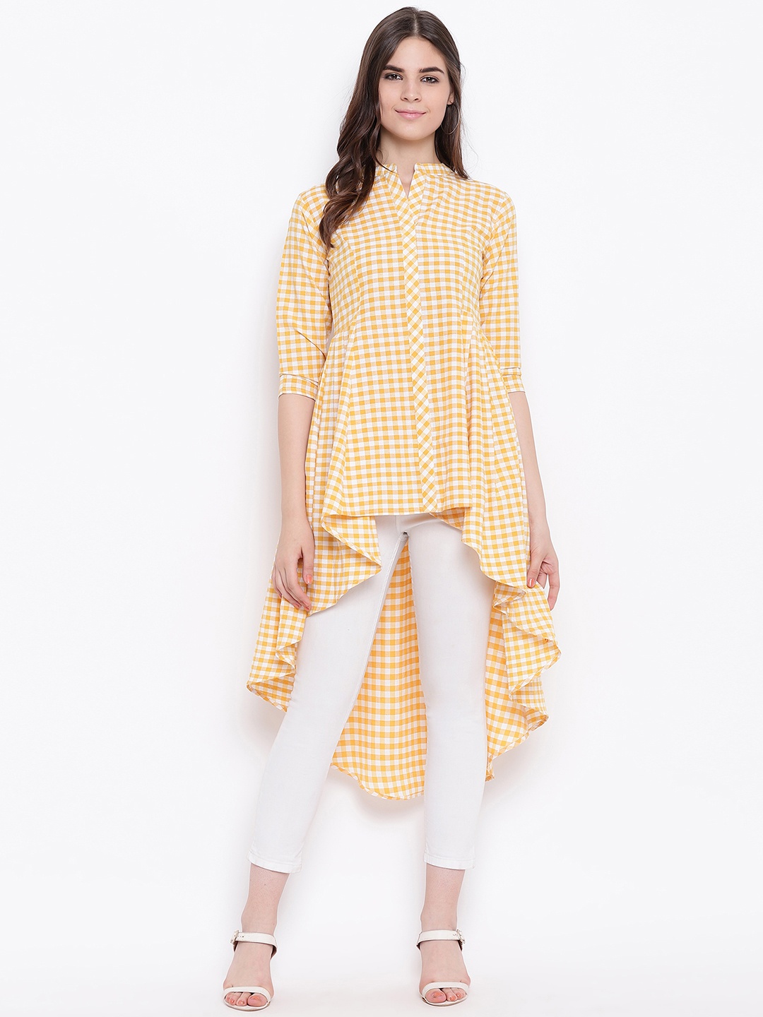 

FABNEST Women Yellow and White Checked Tunic