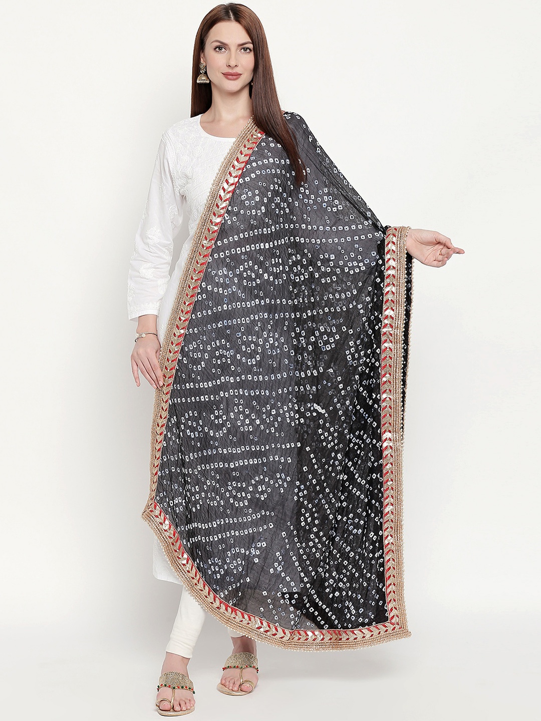 

Dupatta Bazaar Women Black & White Bandhani Dyed Gotta Patti Dupatta