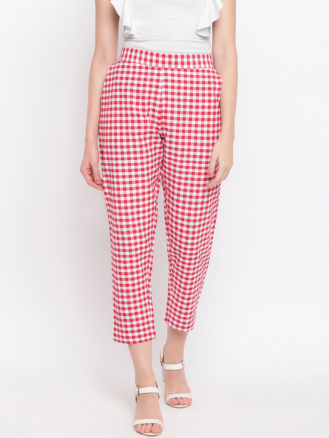 

FABNEST Women Red & White Regular Fit Checked Cigarette Trousers