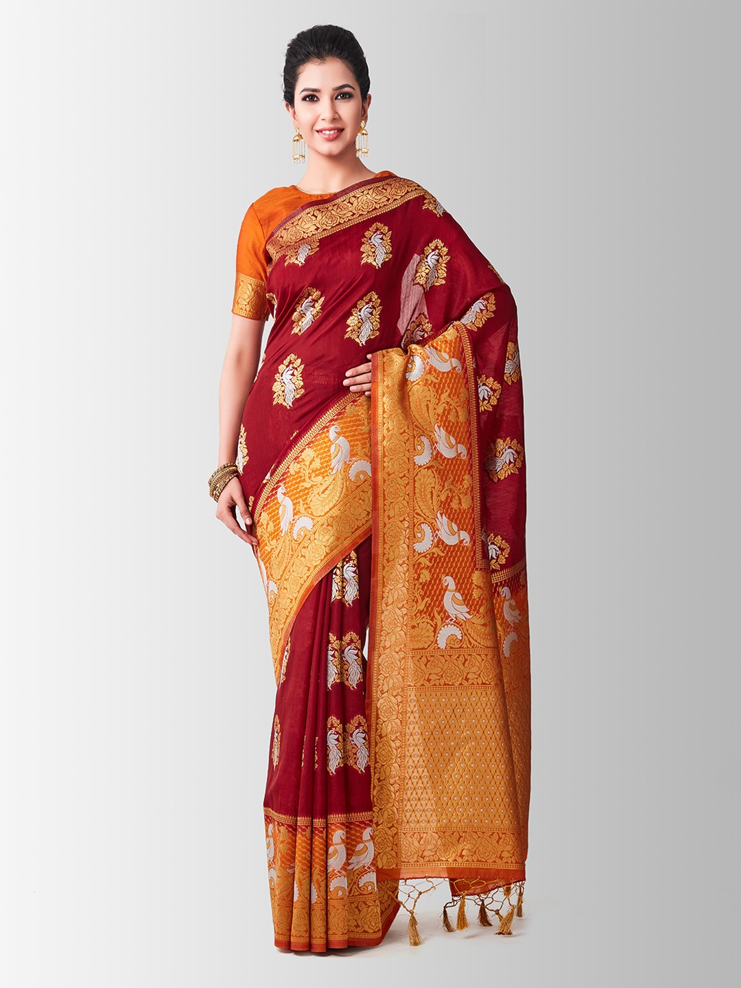 

MIMOSA Maroon & Orange Art Silk Woven Design Kanjeevaram Saree
