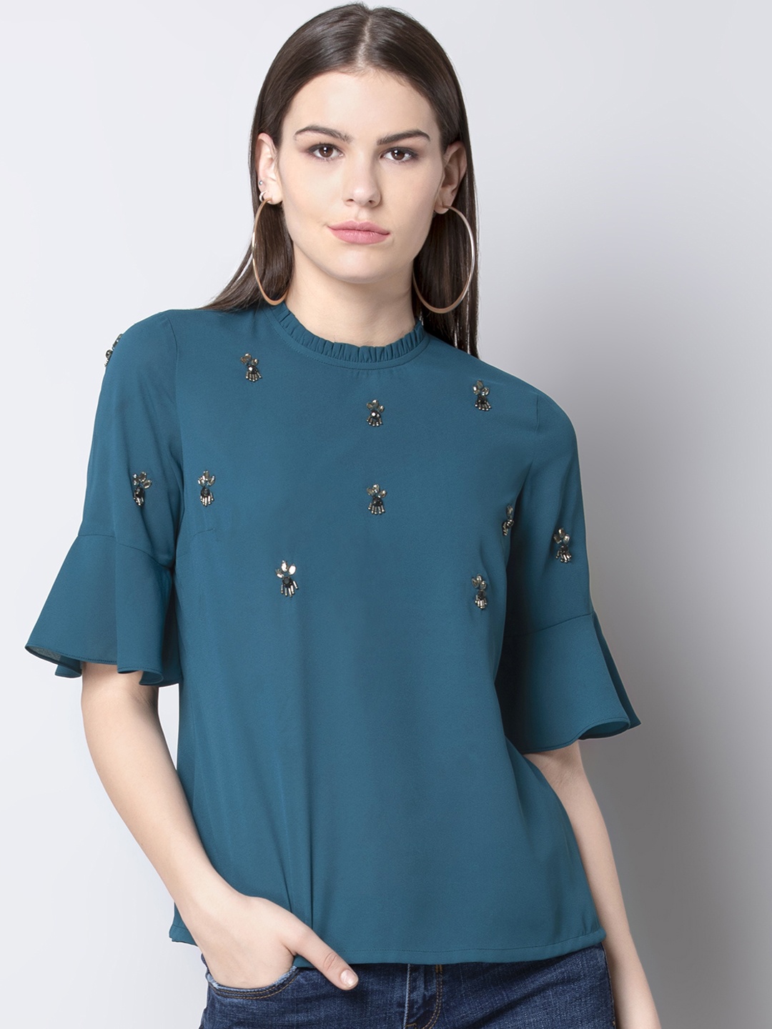 

FabAlley Women Teal Blue Solid A-Line Top