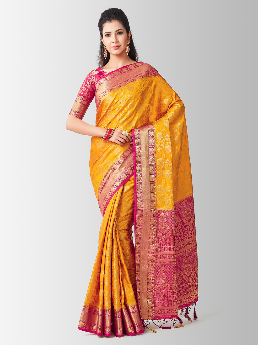 

MIMOSA Mustard & Orange Art Silk Woven Design Kanjeevaram Saree