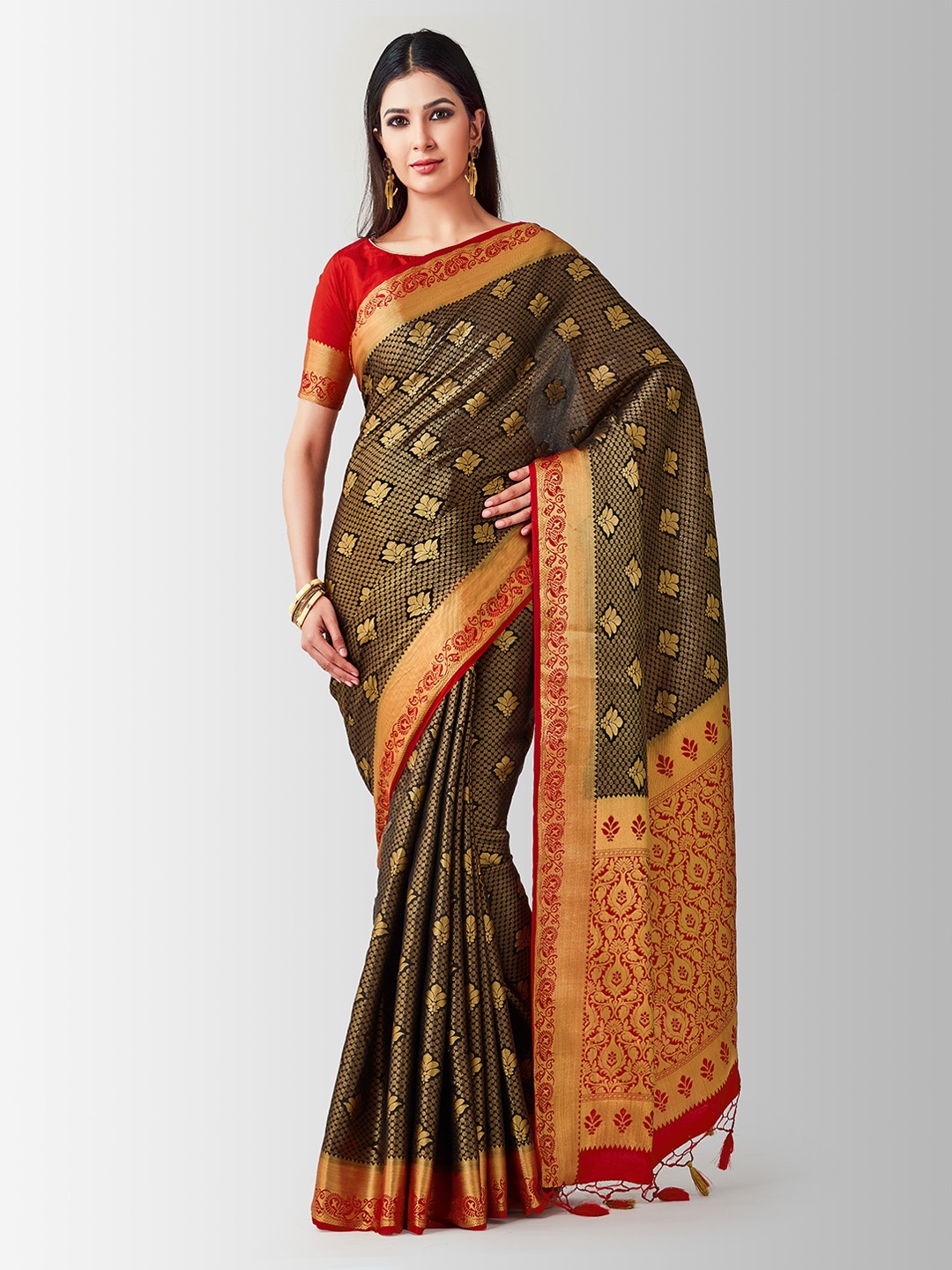 

MIMOSA Black & Gold-Toned Art Silk Woven Design Kanjeevaram Saree