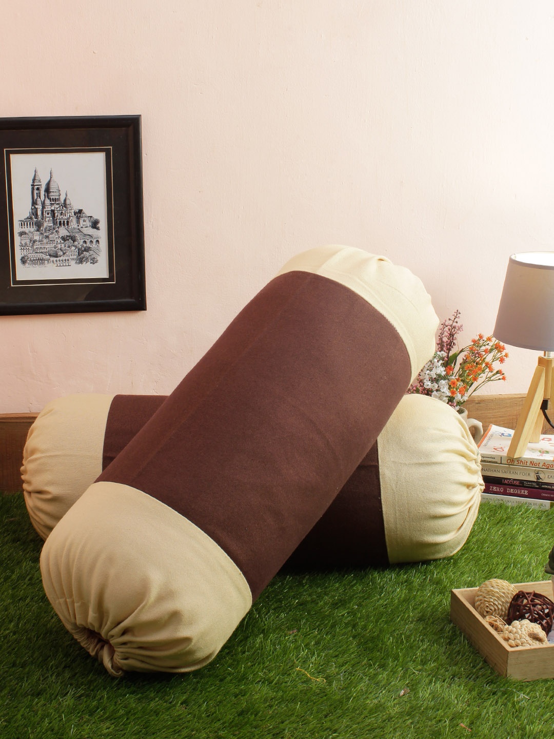 

Soumya Set of 2 Brown & Beige Colourblocked 200TC Cotton Bolster Covers