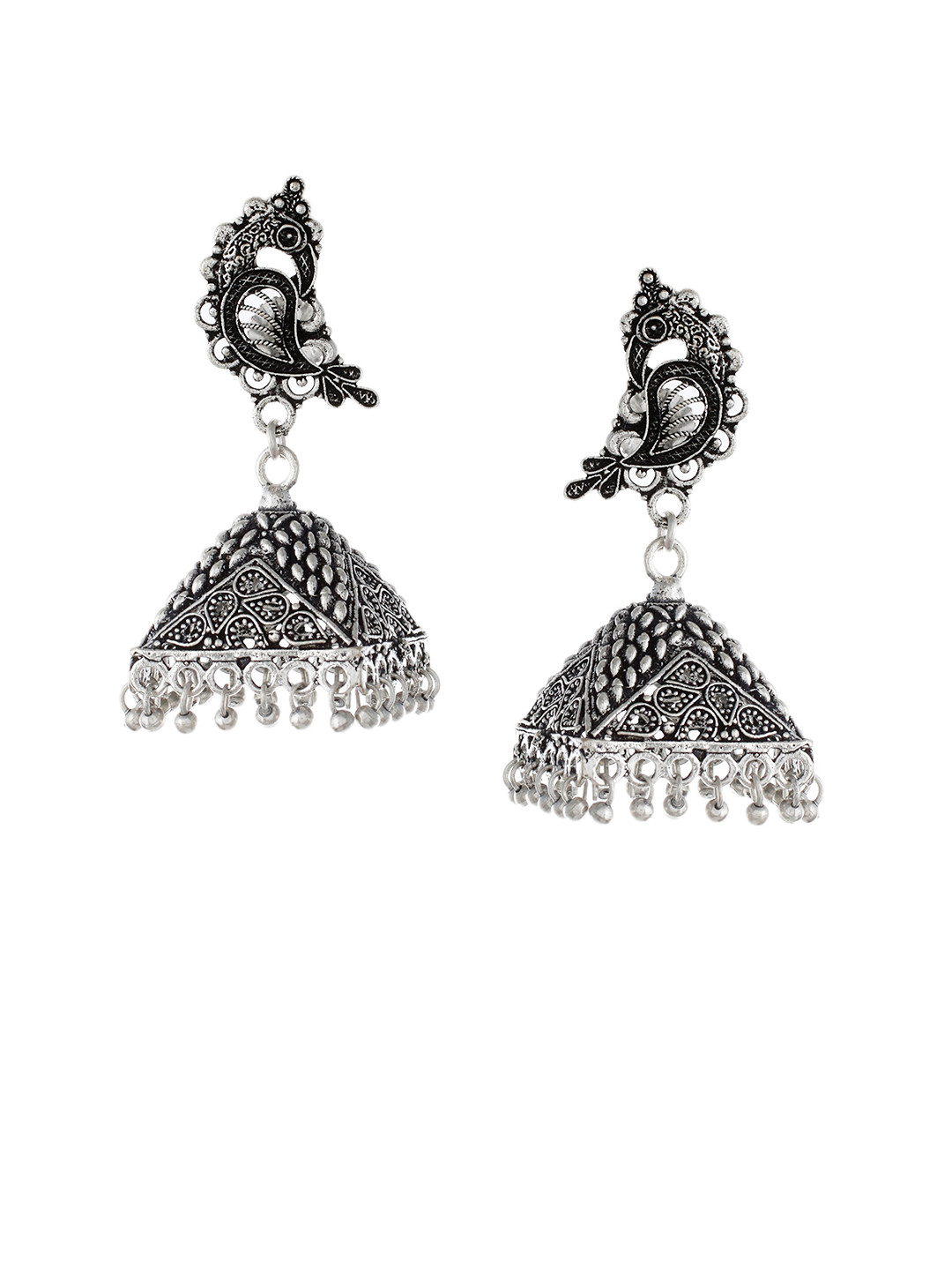 

Silvermerc Designs Silver-Plated Oxidised Peacock Shaped Jhumkas