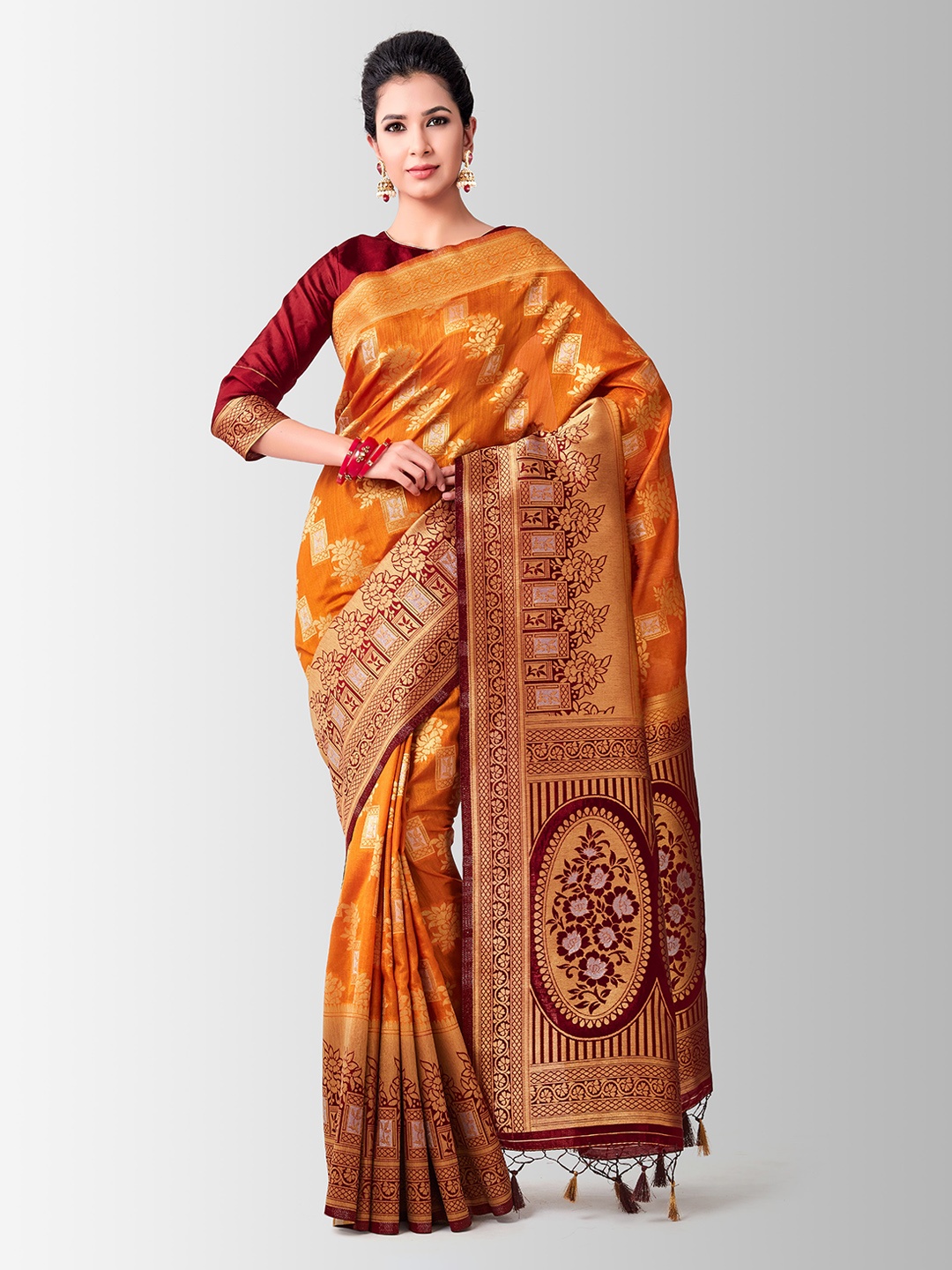 

MIMOSA Rust Art Silk Woven Design Kanjeevaram Saree