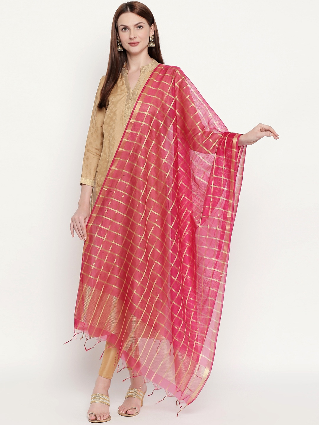 

Dupatta Bazaar Women Pink & Gold-Toned Checked Dupatta