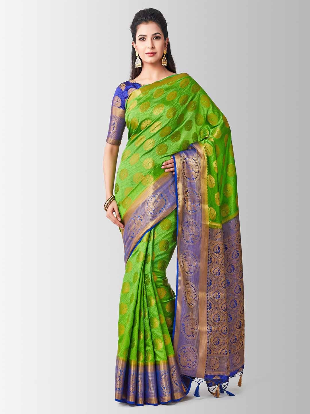 

MIMOSA Lime Green & Blue Art Silk Woven Design Kanjeevaram Saree