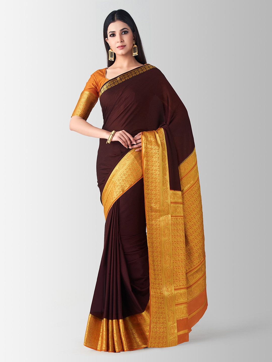 

MIMOSA Burgundy & Yellow Poly Crepe Woven Design Mysore Silk Saree