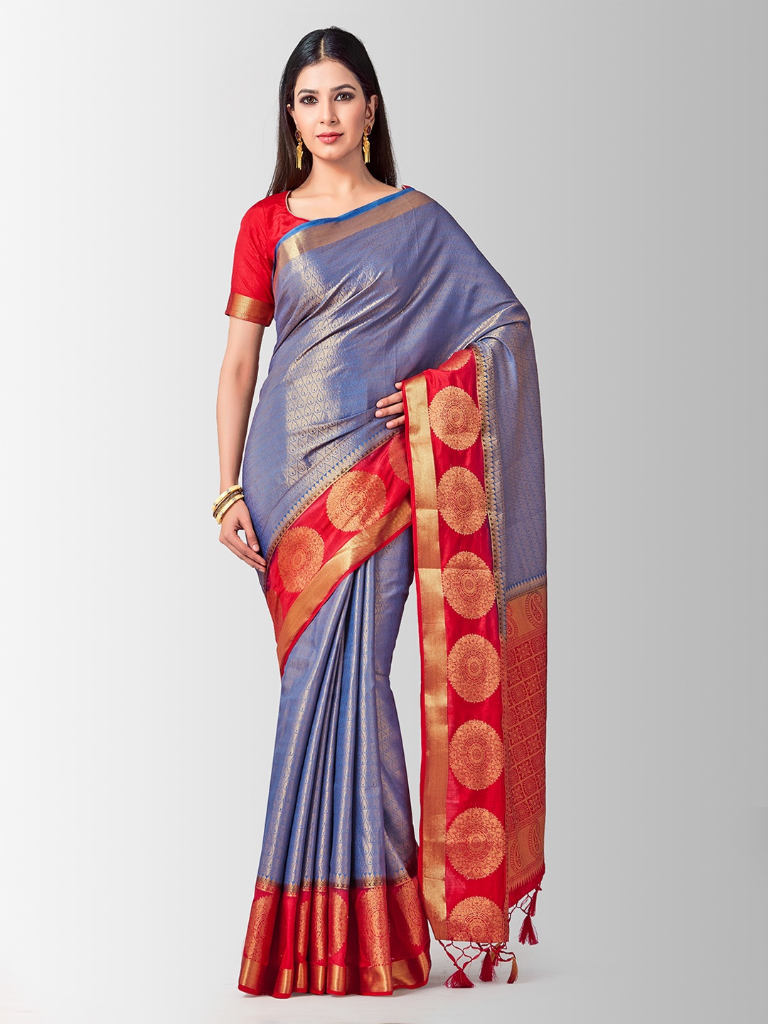 

MIMOSA Blue & Red Art Silk Woven Design Kanjeevaram Saree