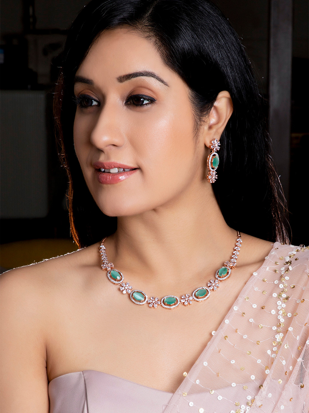 

Rubans Gold-Plated Green Handcrafted CZ Studded Jewellery Set