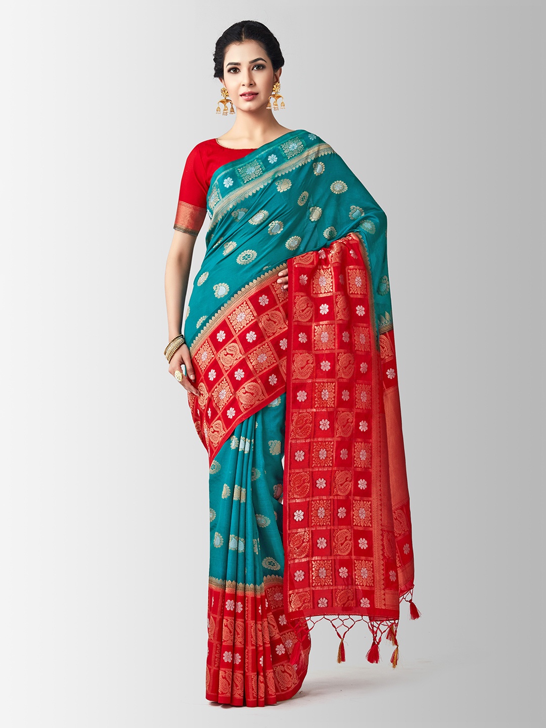 

MIMOSA Teal & Red Art Silk Woven Design Kanjeevaram Saree