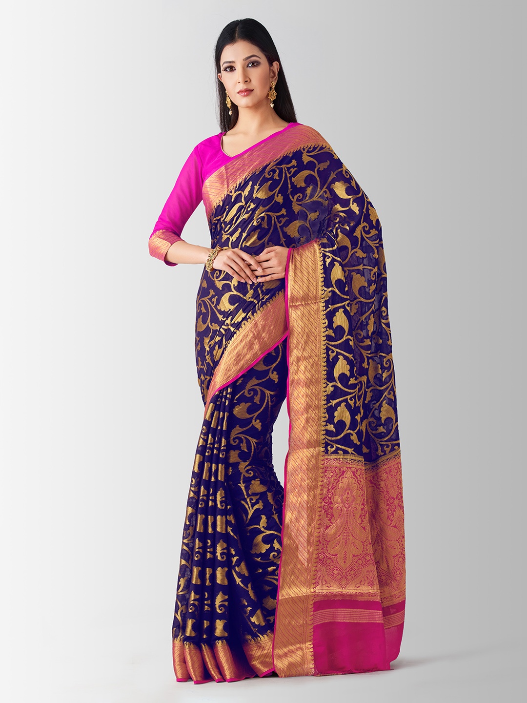 

MIMOSA Navy Blue Poly Chiffon Woven Design Kanjeevaram Saree