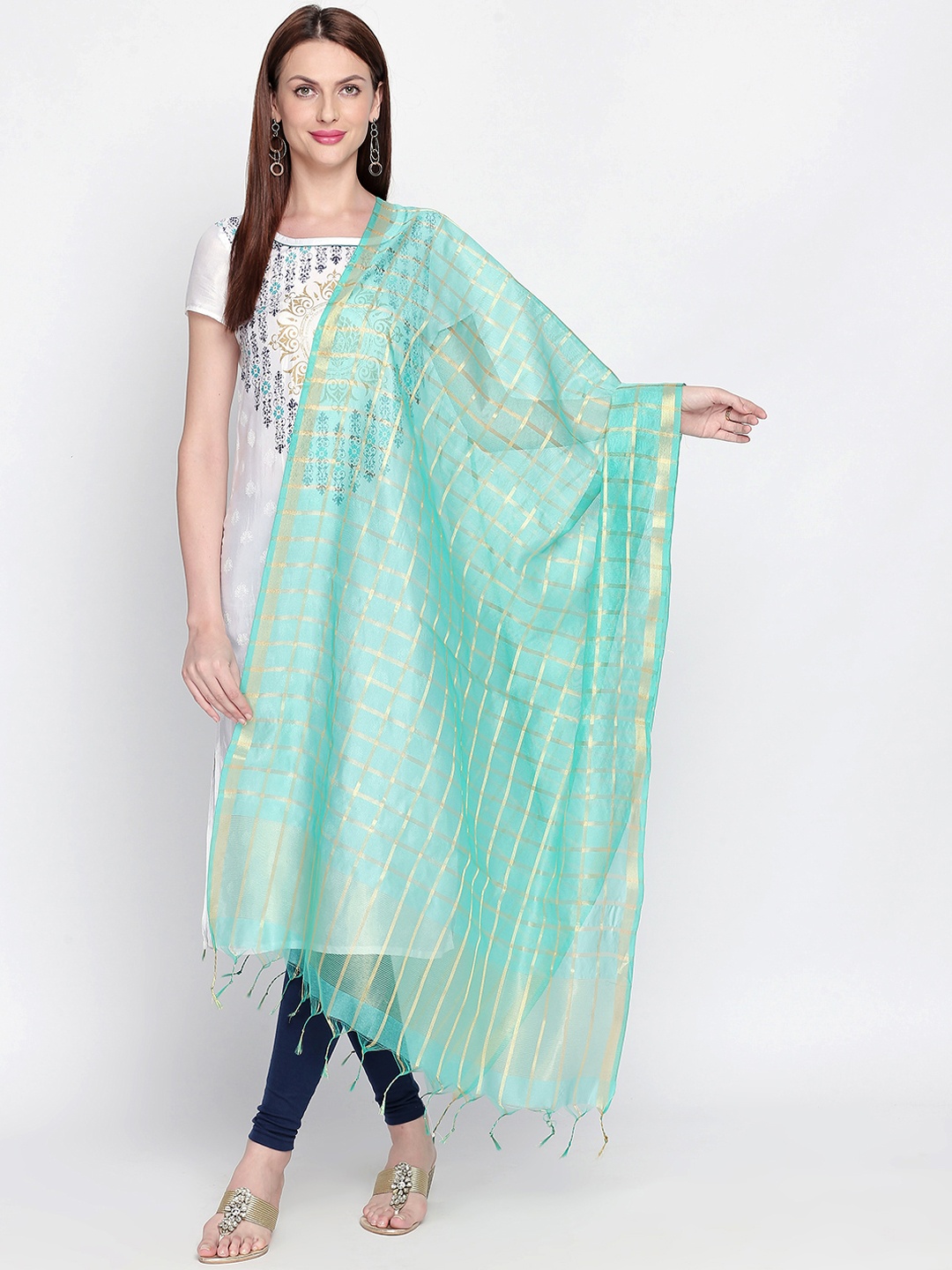 

Dupatta Bazaar Women Sea Green & Gold-Toned Checked Dupatta