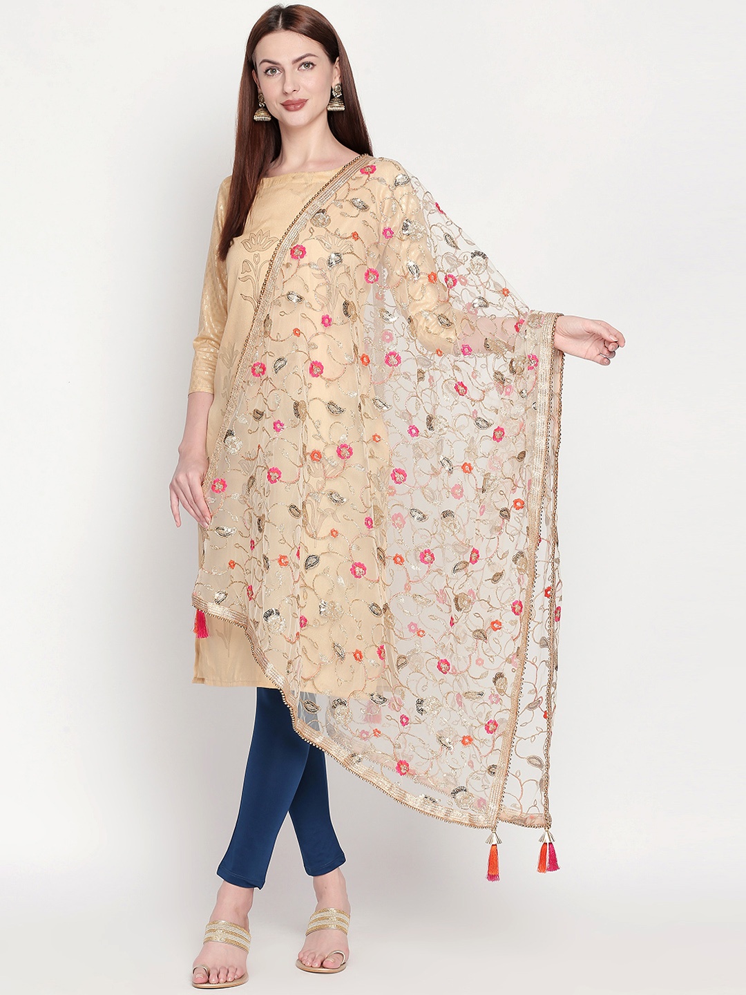 

Dupatta Bazaar White & Gold-Toned Zardozi Embroidered Dupatta