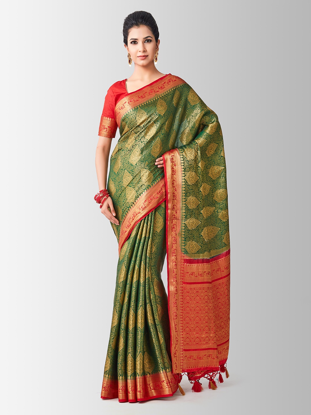 

MIMOSA Green Art Silk Woven Design Kanjeevaram Saree