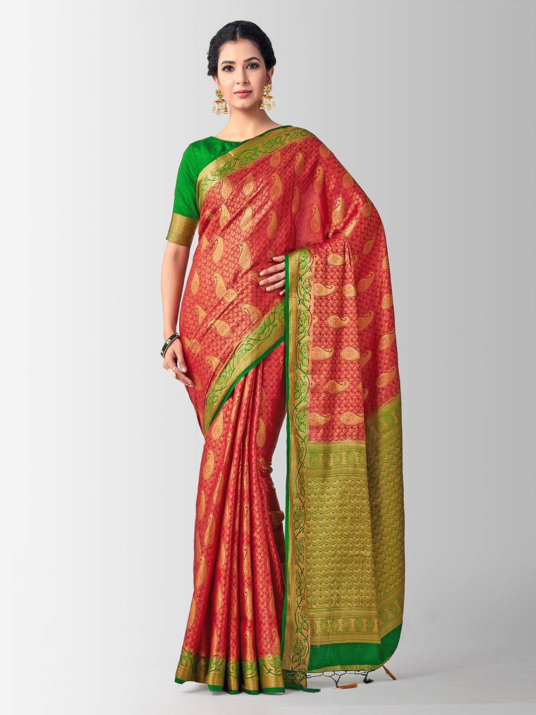 

MIMOSA Red & Green Art Silk Woven Design Kanjeevaram Saree