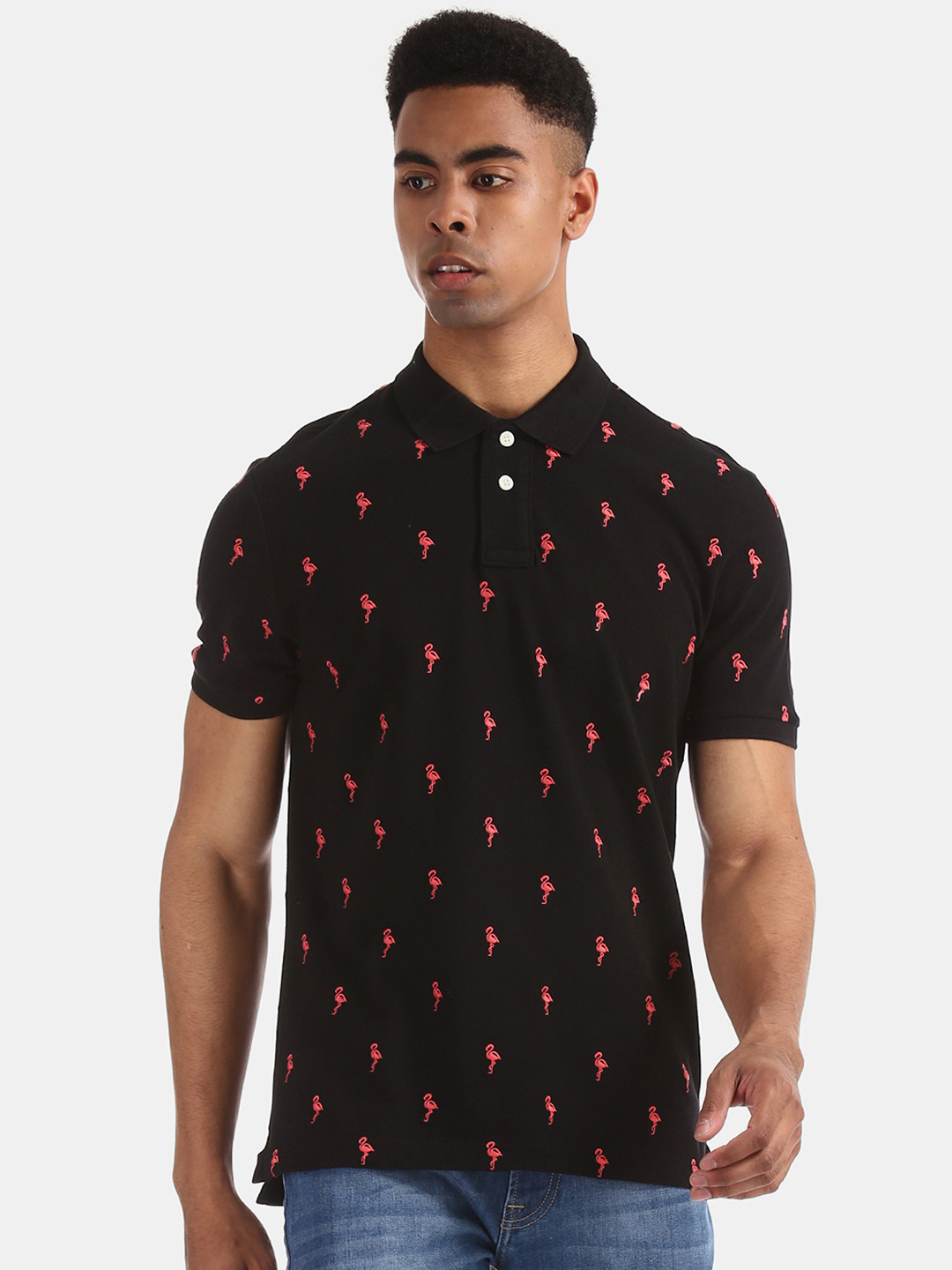 

Aeropostale Men Black Printed Polo Collar Pure Cotton T-shirt