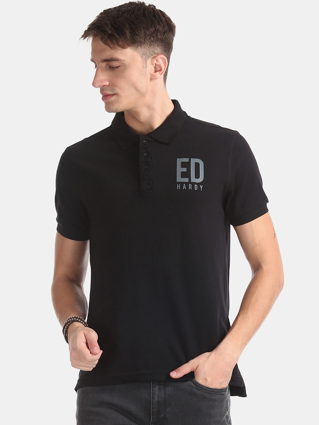 

Ed Hardy Men Black Printed Polo Collar Pure Cotton T-shirt