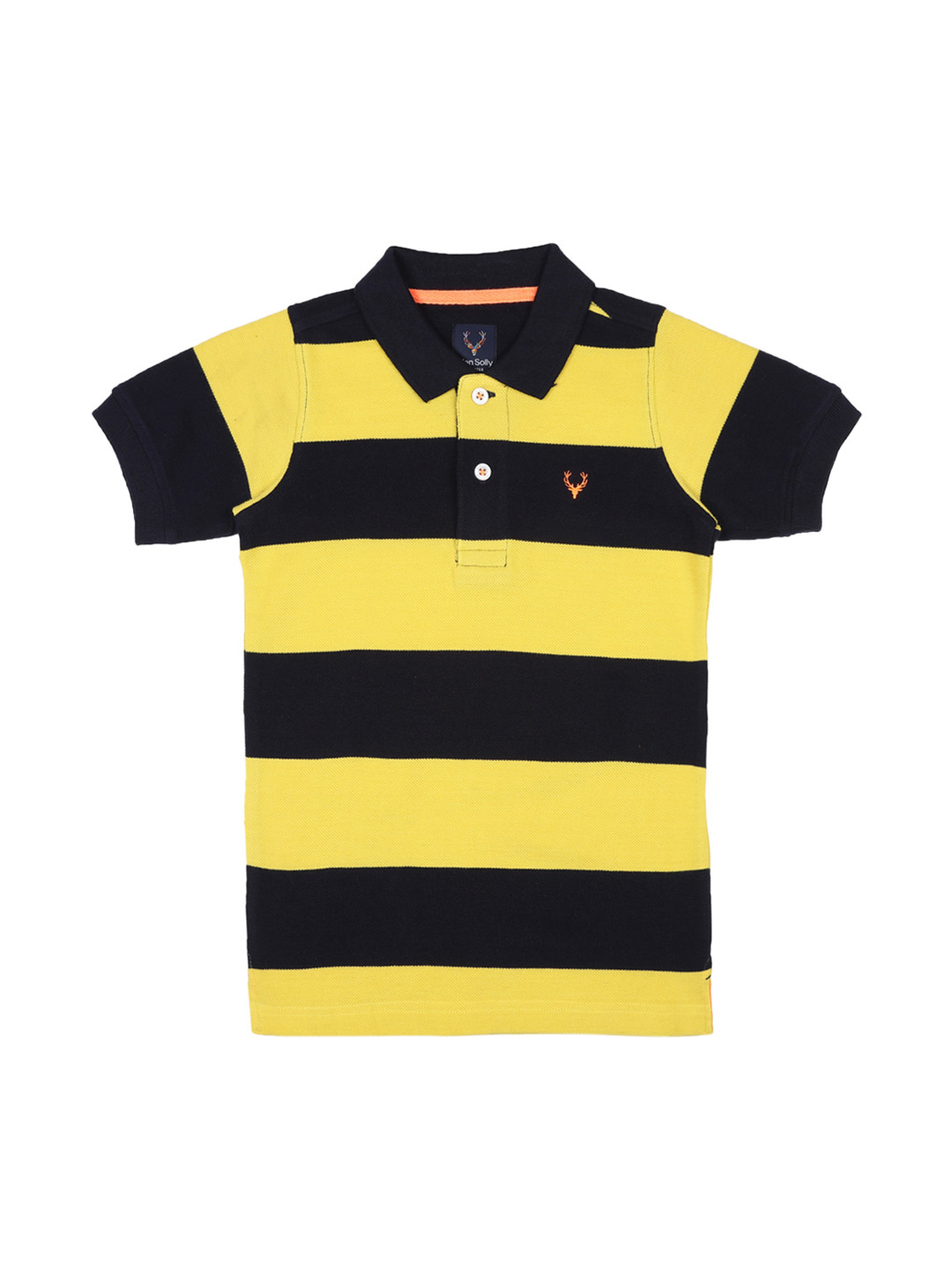 

Allen Solly Junior Boys Yellow Black Striped Polo Collar Pure Cotton T-shirt