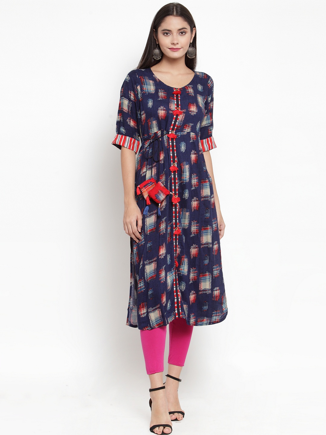 

Aujjessa Women Blue & Red Woven Design A-Line Kurta