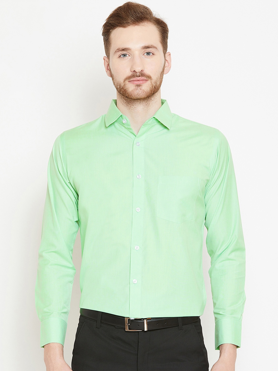 

Shaftesbury London Men Green Smart Slim Fit Solid Formal Shirt