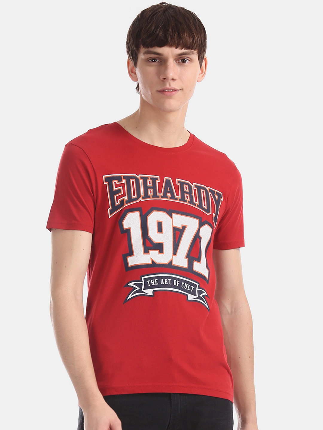 

Ed Hardy Men Red Printed Round Neck Pure Cotton T-shirt