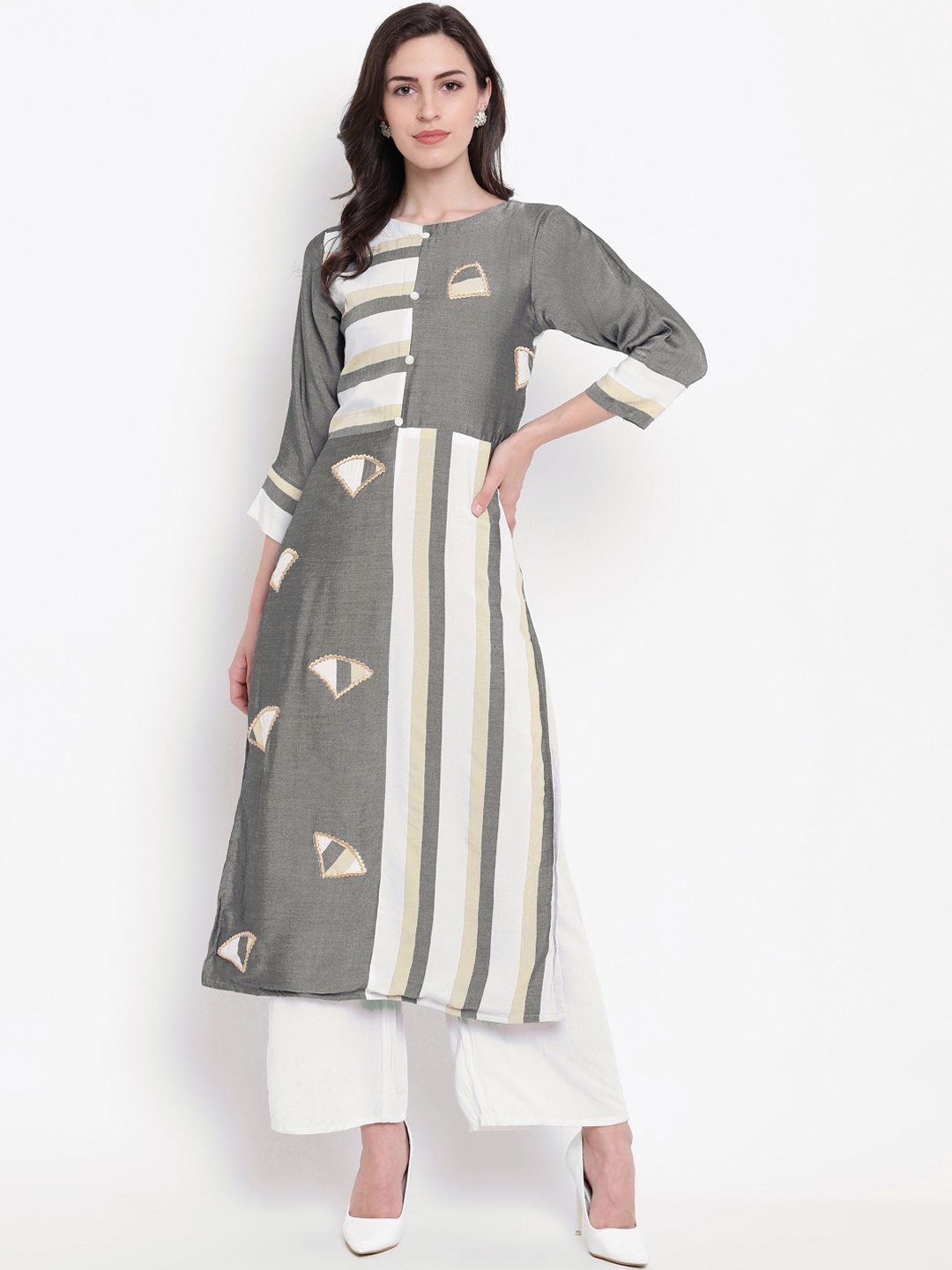 

Kvsfab Women Grey & Off-White Striped Straight Kurta