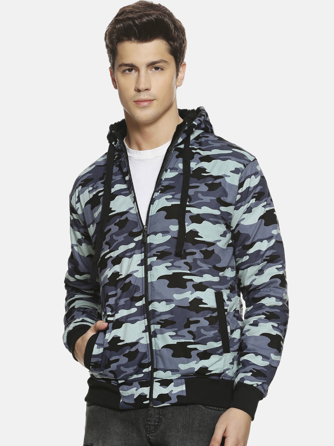 

Campus Sutra Men Blue Printed Bomber Jacket