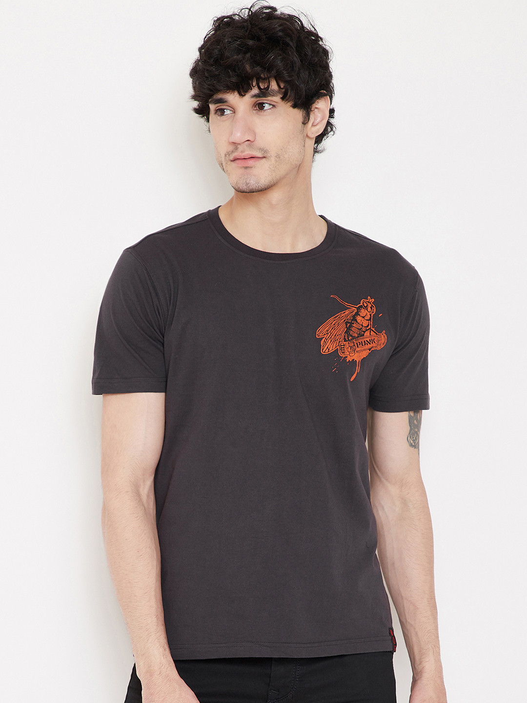 

PUNK Men Charcoal Printed Round Neck T-shirt