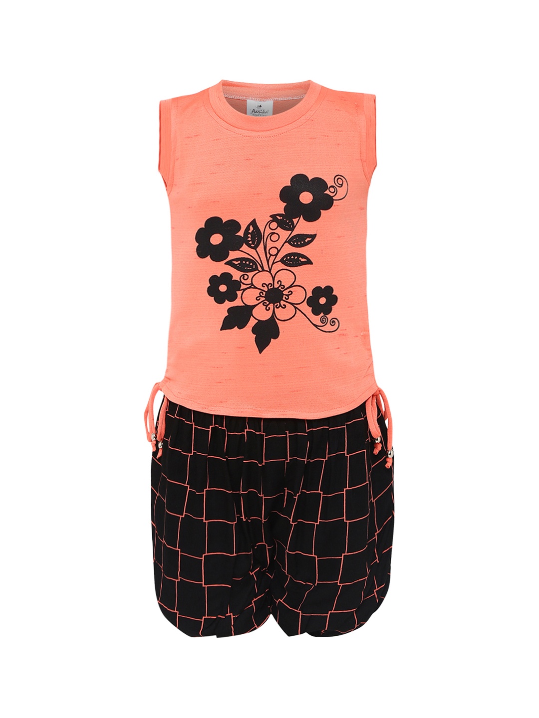 

Aarika Girls Orange & Black Printed Top with Shorts