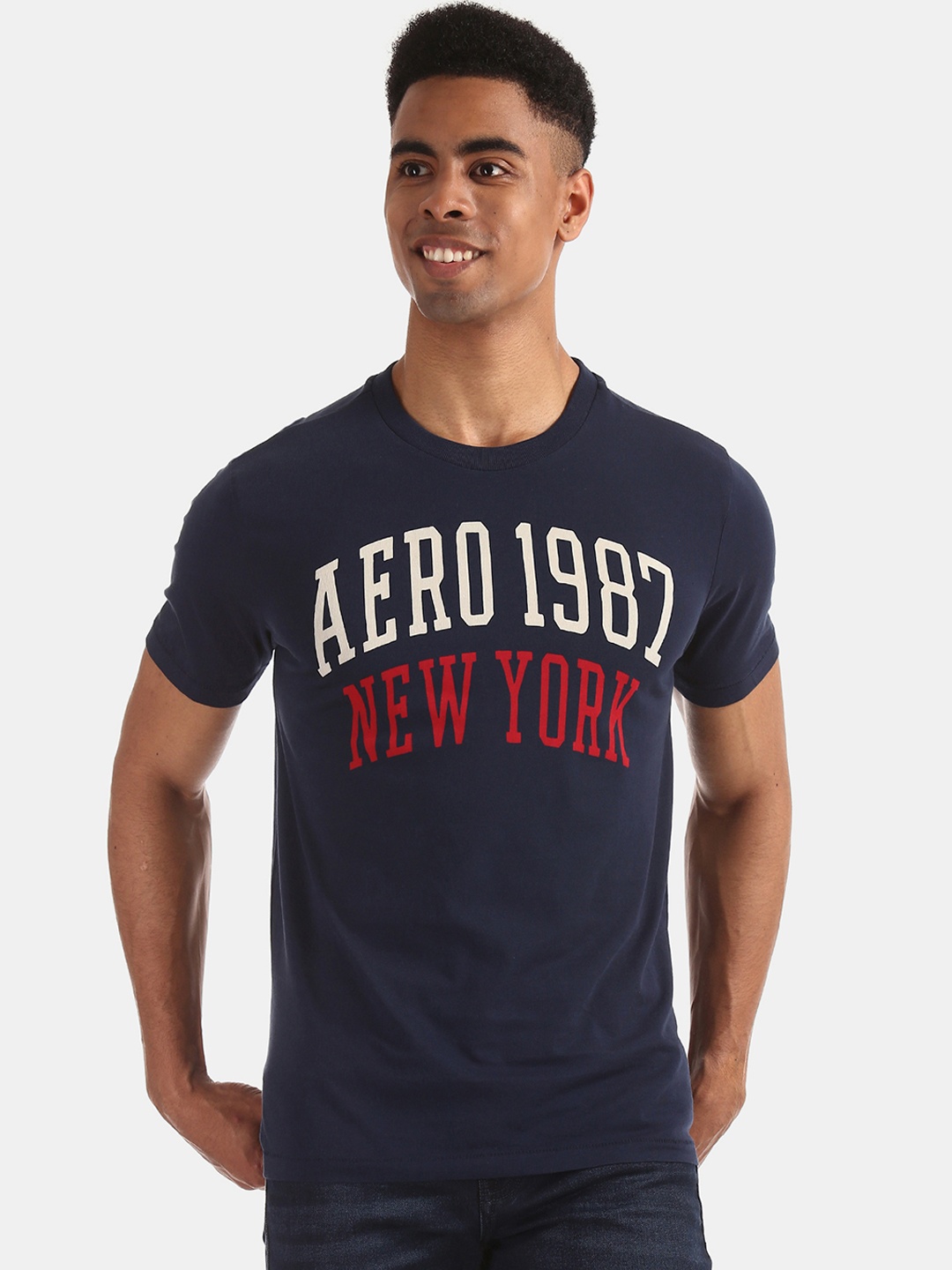 

Aeropostale Men Blue Printed Round Neck Pure Cotton T-shirt