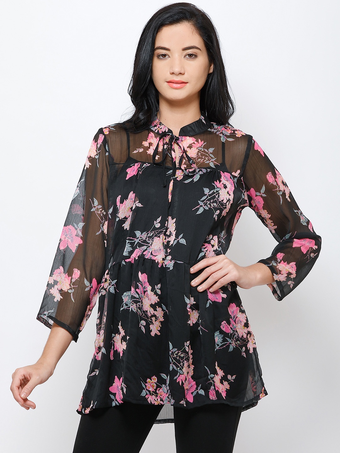 Cation Women Black Floral Printed High-Low Top