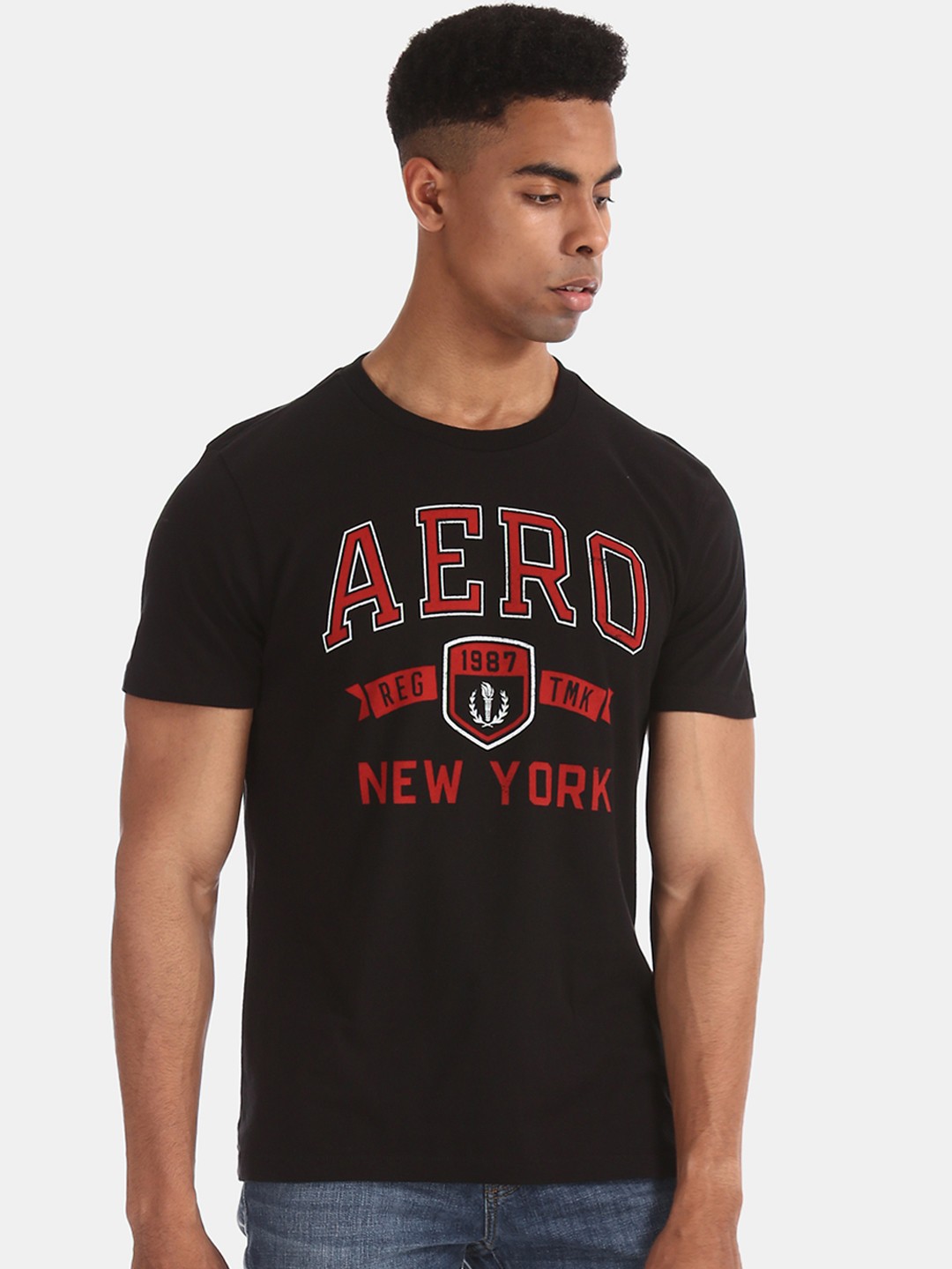 

Aeropostale Men Black Printed Round Neck Pure Cotton T-shirt