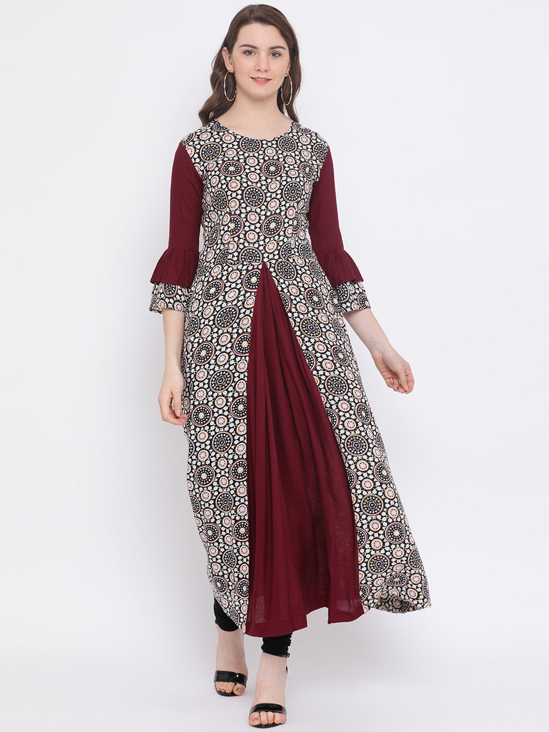 

Indian Virasat Women Maroon Printed Layered A-Line Kurta