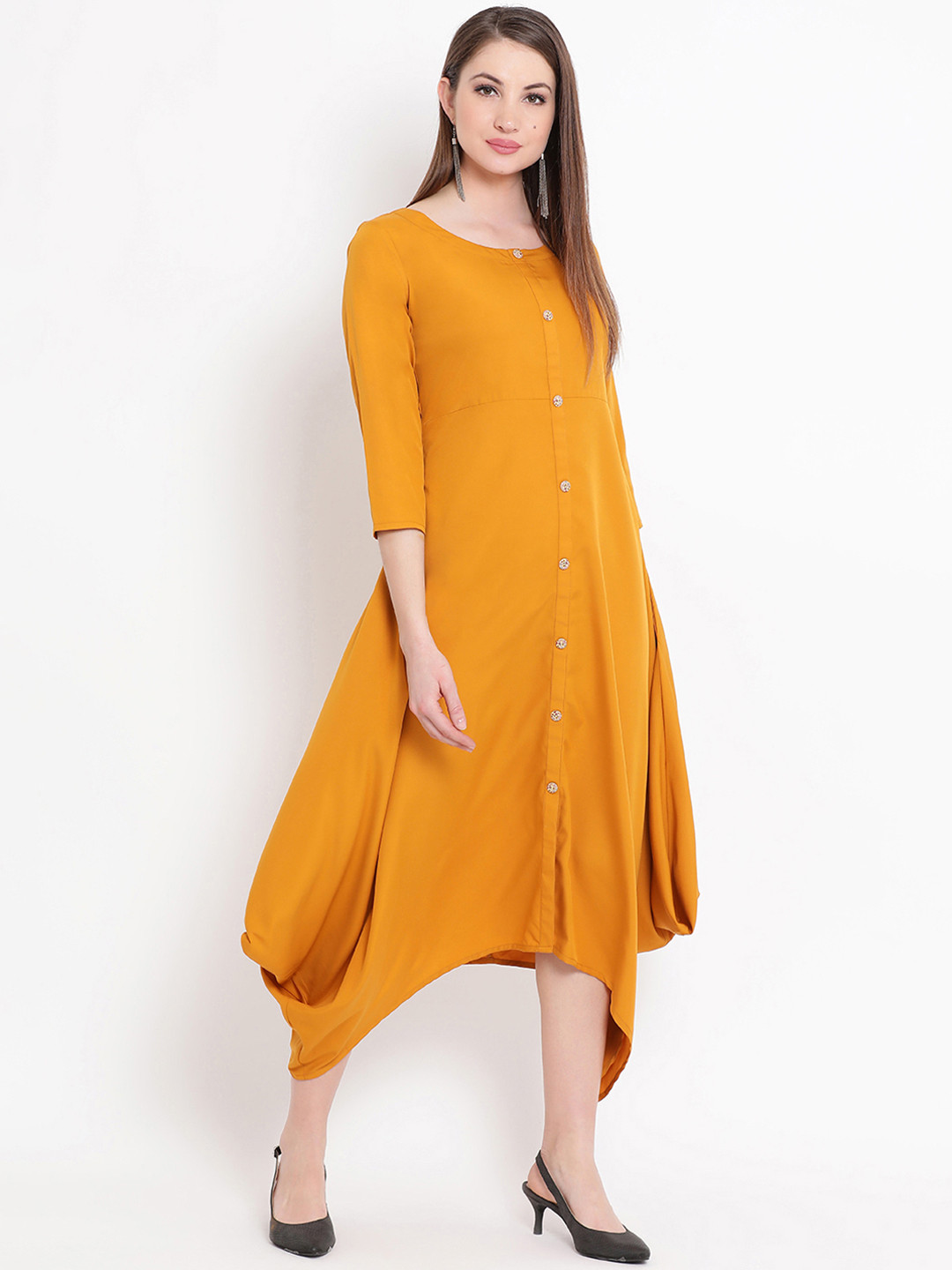 

FABNEST Women Solid Mustard A-Line Dress