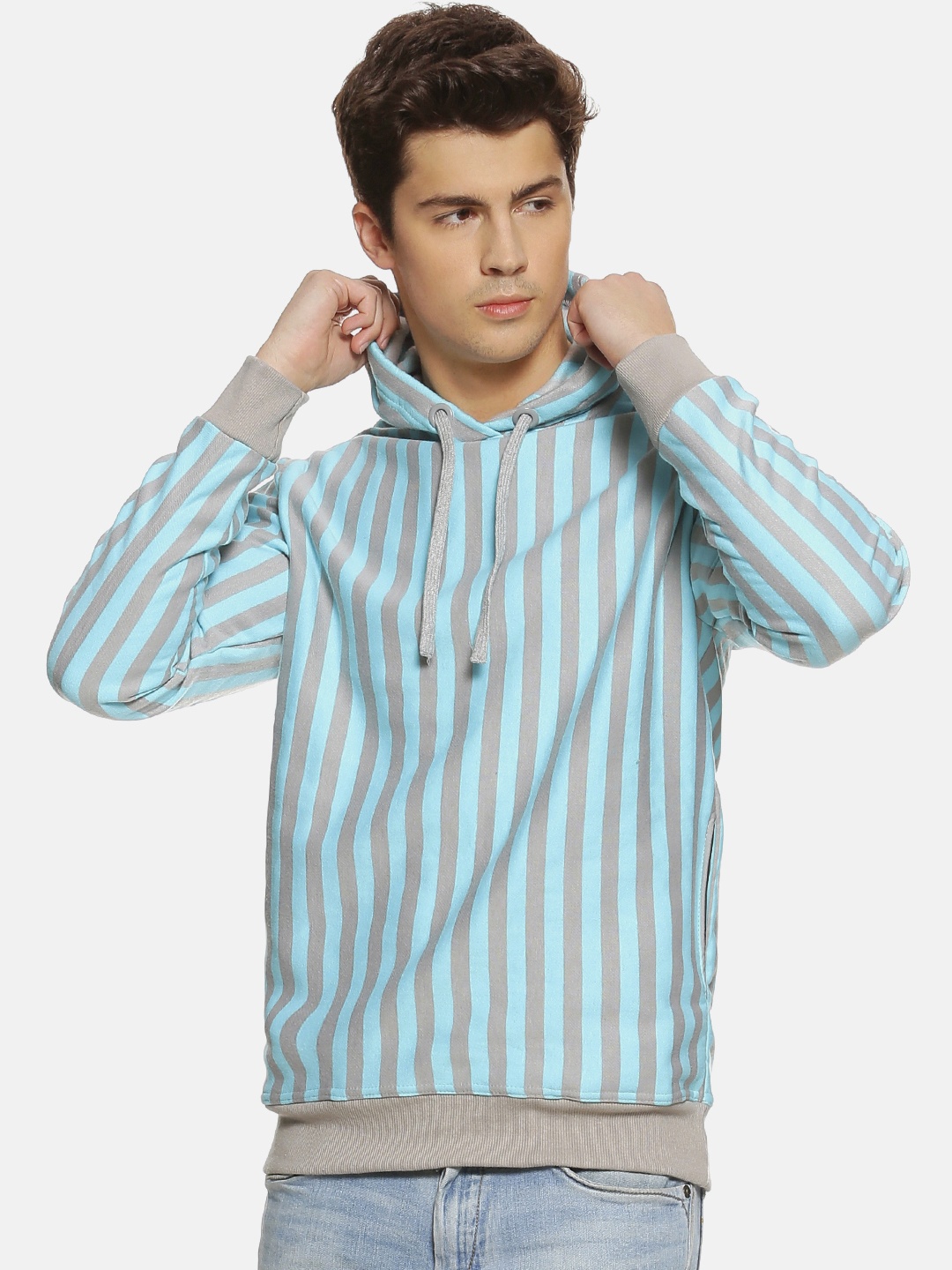

Campus Sutra Men Grey & Blue Striped Hooded Sweatshirt