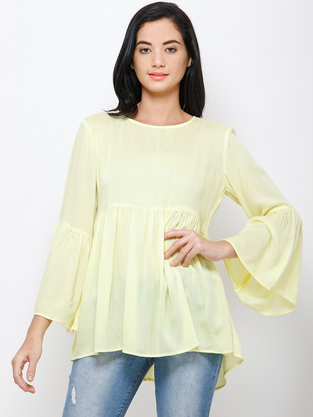 

Cation Women Yellow Solid Cinched Waist Top