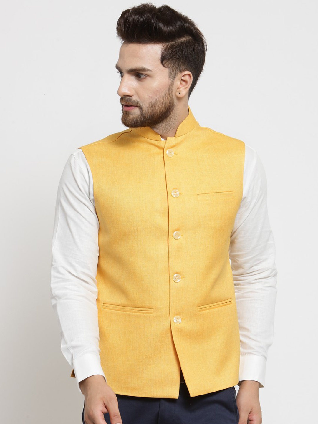 

TREEMODA Men Yellow Solid Woven Nehru Jacket