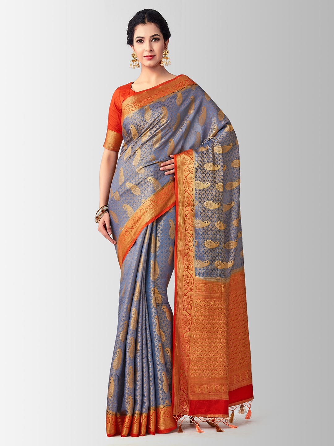 

MIMOSA Blue & Red Art Silk Woven Design Kanjeevaram Saree