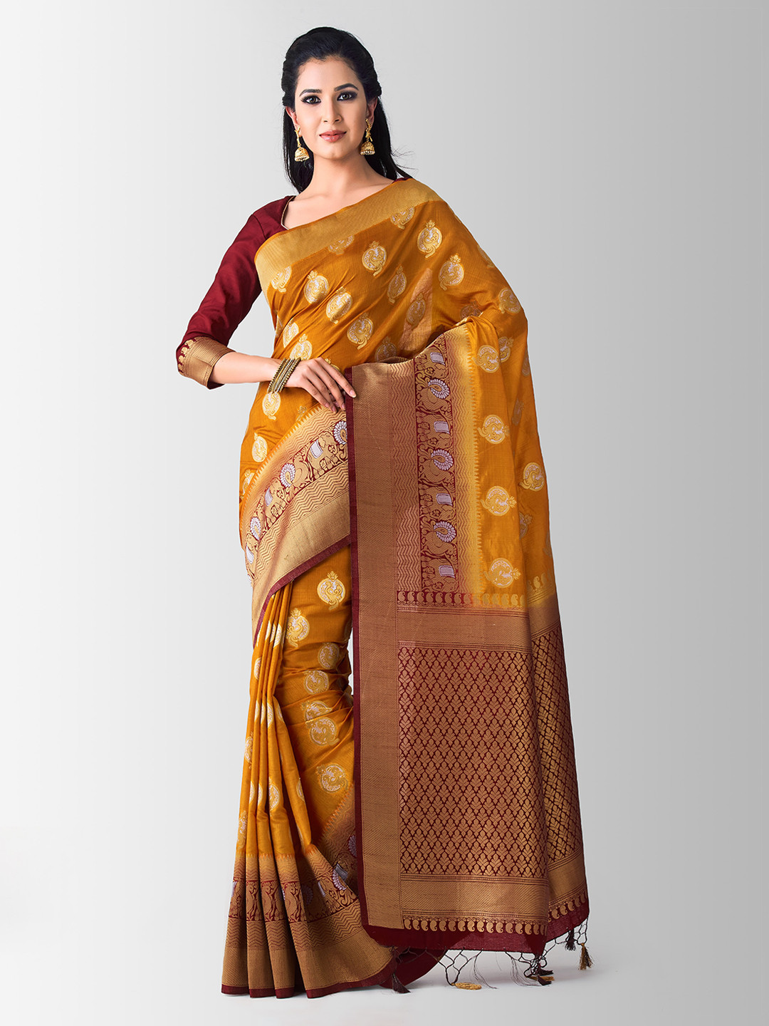 

MIMOSA Mustard & Maroon Art Silk Woven Design Kanjeevaram Saree