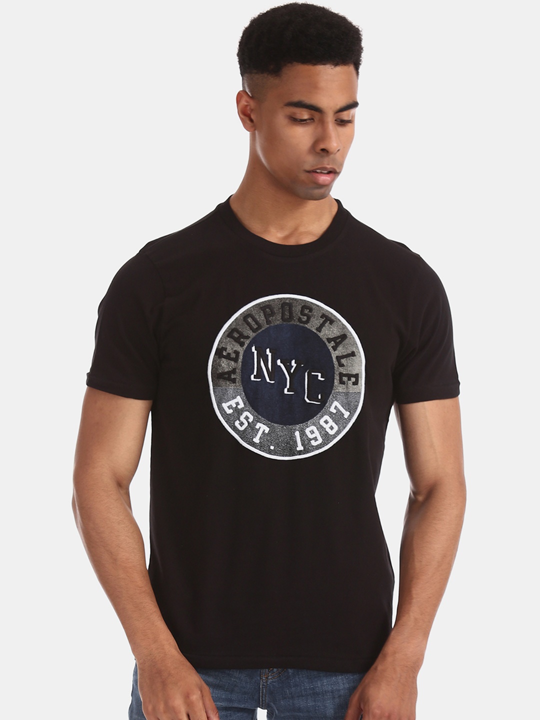 

Aeropostale Men Black Printed Round Neck Pure Cotton T-shirt