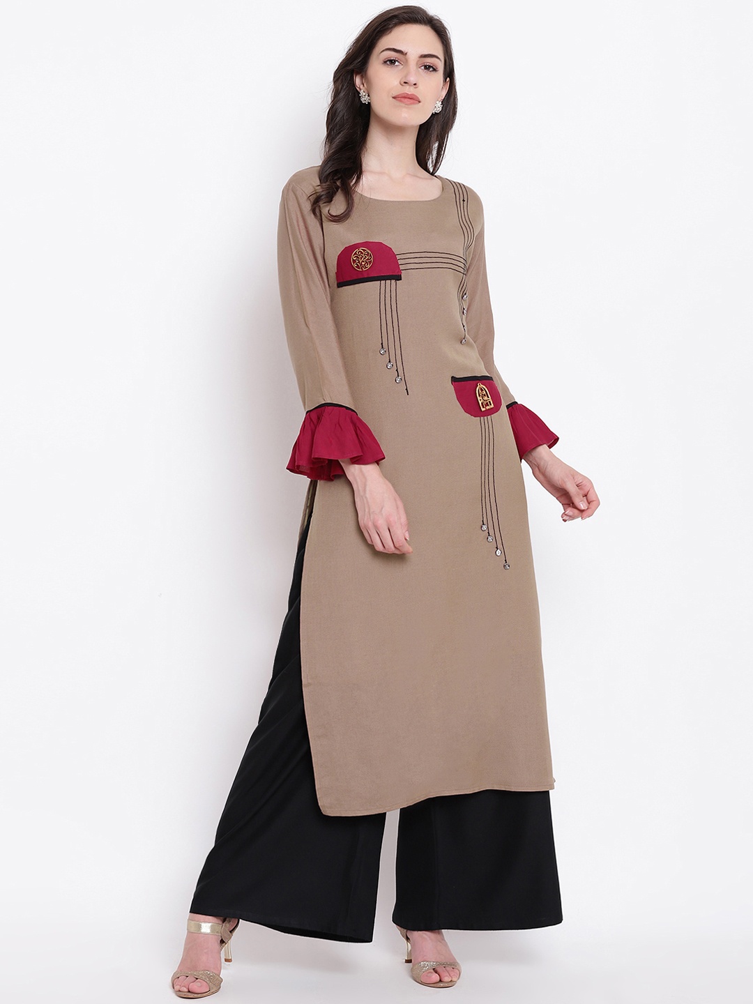 

Kvsfab Women Brown Solid Straight Kurta