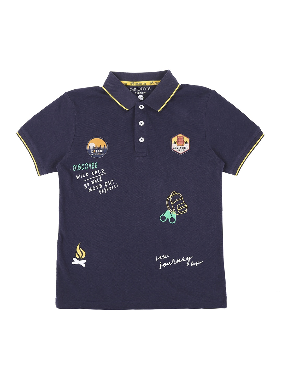 

Pantaloons Junior Boys Navy Blue Printed Polo Collar Pure Cotton T-shirt